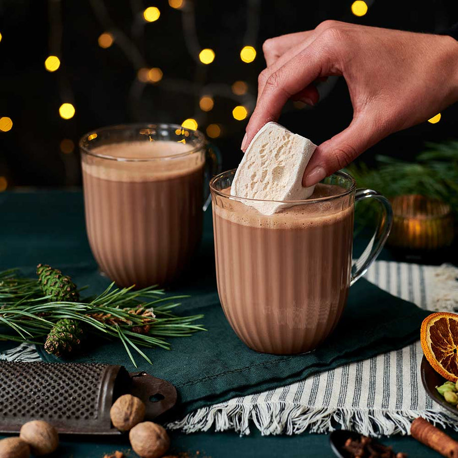 Christmas hot chocolates with gingerbread marshmallows